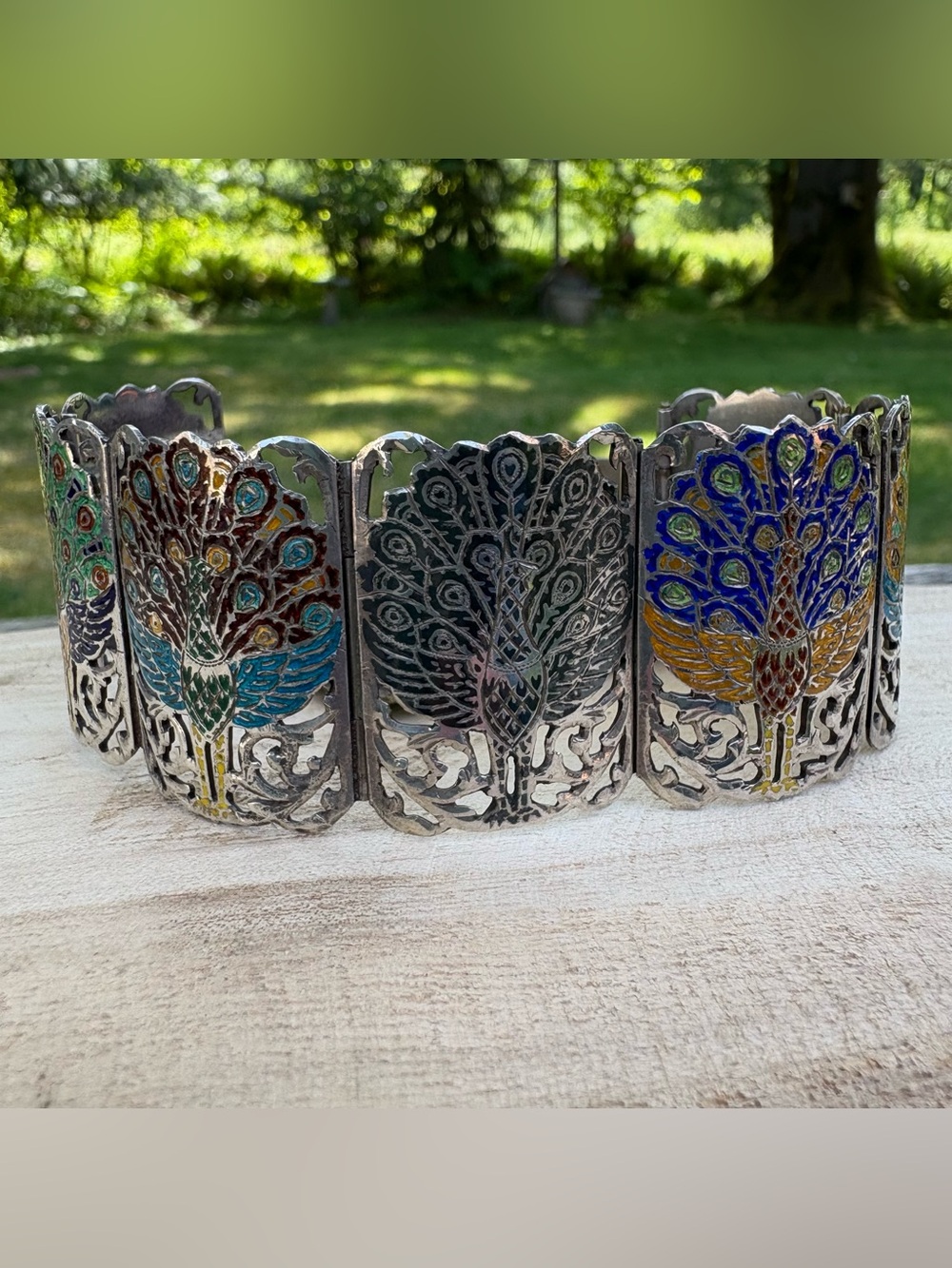 Vintage Estate Siam Sterling Enamel Peacocks Panel Bracelet